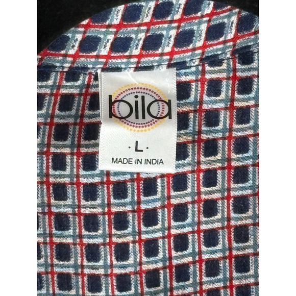 Bila Women's Plaid Long Sleeve Button Up Shirt Ruffle Trim Blue Red Large - Picture 4 of 8